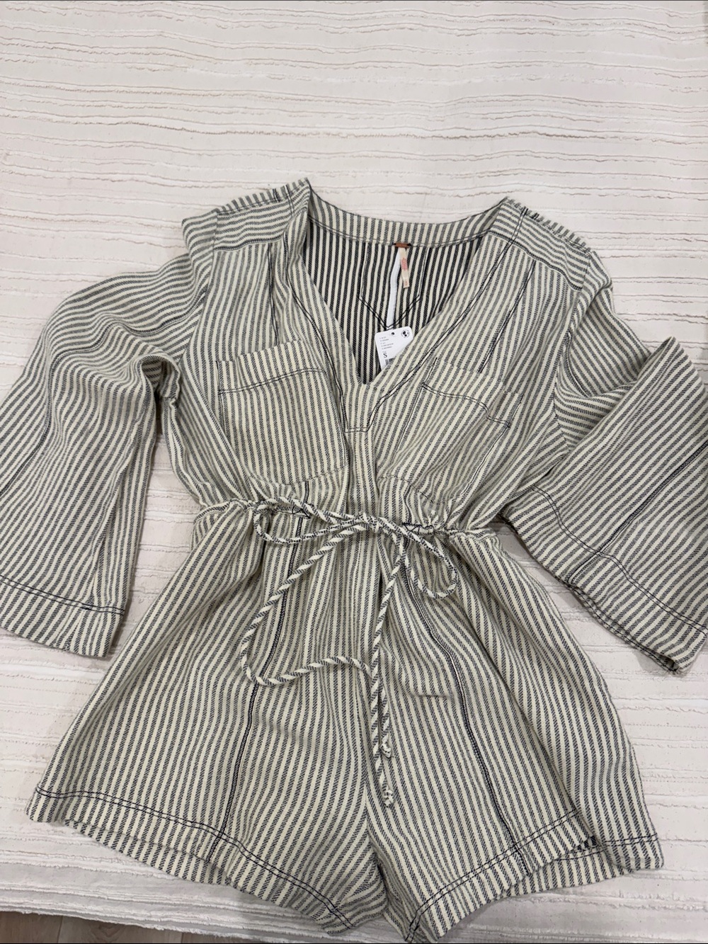 Striped Cotton Romper in Beige and Olive